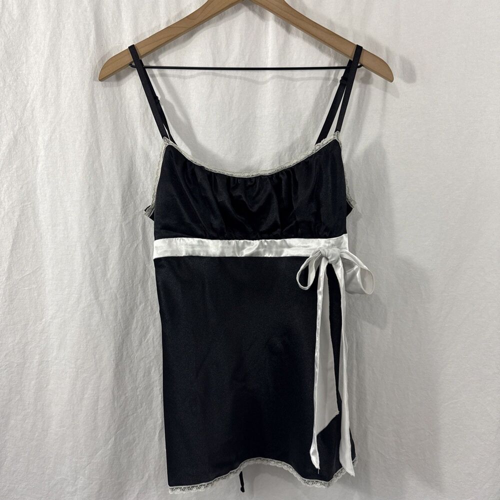 Heart Soul Y2K Coquette Black Satin Babydoll Bow Feminine Cami Tank Sz XL Whimsy